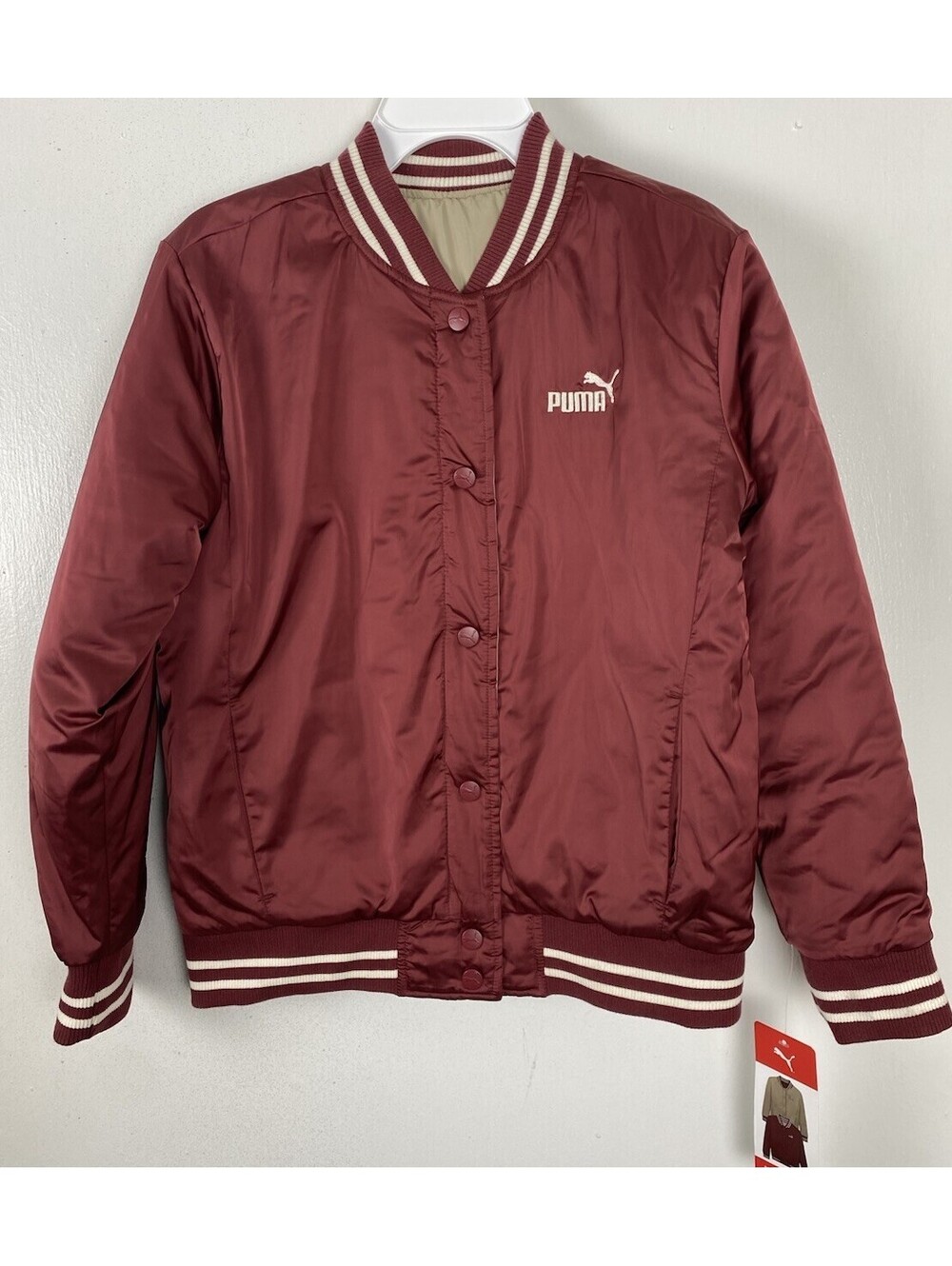 PUMA Boys Reversible Bomber Jacket Size L Burgundy Tan Snap Front Puffer Jacket